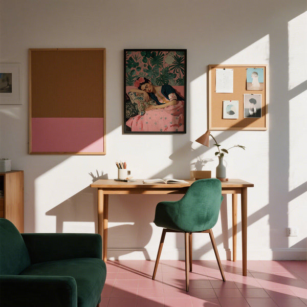 Stampe artistiche di Frida Kahlo con vivaci tonalità di verde e rosa, perfette per un arredamento boho.