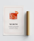 Poster grafico del cocktail Negroni con scorza d'arancia arricciata e carattere serif.