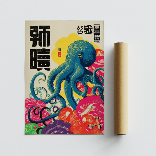 Stampa artistica colorata con polpo dai colori vivaci per decorare in modo creativo lo spazio di lavoro