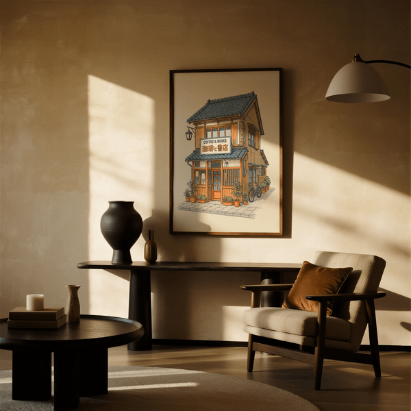 Arte giapponese da caffetteria, rifiniture arancioni e tetto blu per l'ufficio domestico