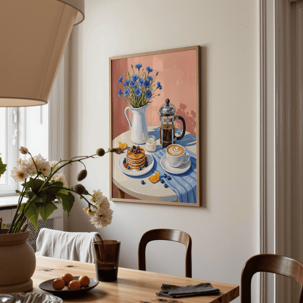 Breakfast Art Print for wall art in contemporary kitchen styled in blue and pink