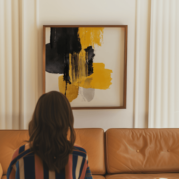 Poster artistico astratto contemporaneo nei toni del giallo e del nero per l'arredamento della camera da letto