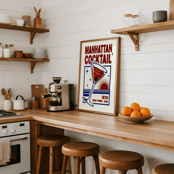 Bold Manhattan Cocktail Art Print in red and blue for dining room poster