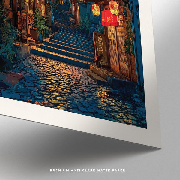 Arte giapponese di Kyoto con un tranquillo mercato notturno dai toni caldi e freddi.