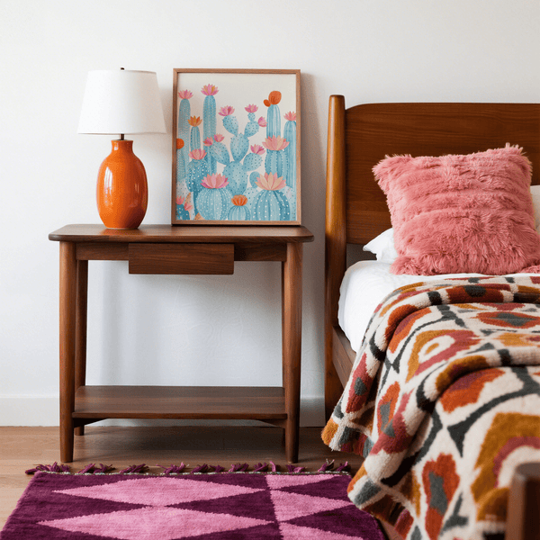 Vibrant Cactus Art Print with pink blooms and blue cactus for entryway