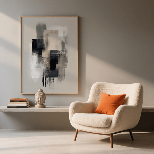 Grande stampa Wabi Sabi con tonalità beige e oro, per pareti di spazi di lavoro sereni