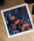 Abstract Floral Art featuring navy tones and flowing orange elements.