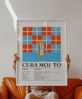 Poster con la ricetta del mojito cubano raffigurante un bicchiere alto in stile retrò su sfondo a quadretti rossi e blu.