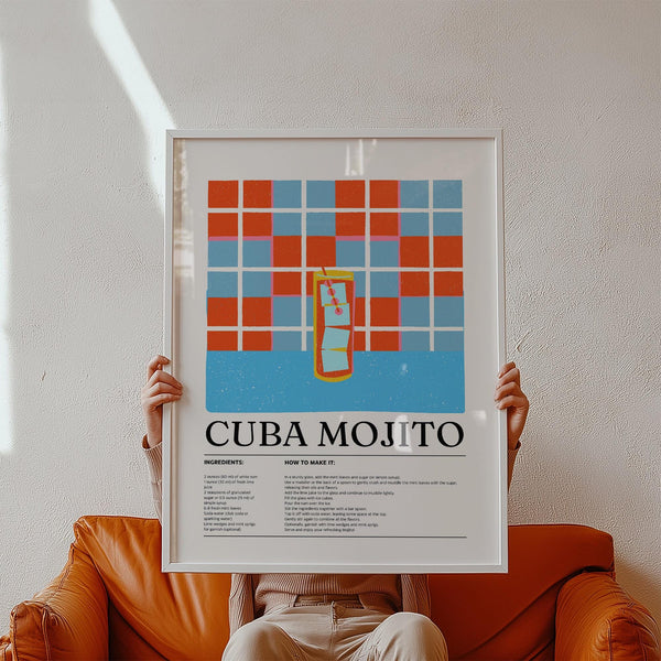 Poster con la ricetta del mojito cubano raffigurante un bicchiere alto in stile retrò su sfondo a quadretti rossi e blu.