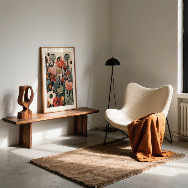 Quadro contemporaneo con stampa floreale raffigurante fiori simili a papaveri punteggiati