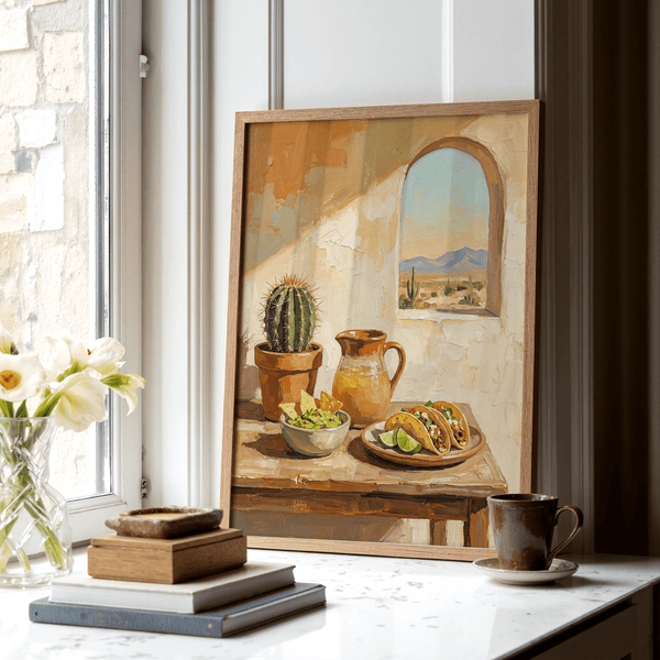 Arte culinaria messicana per decorazioni murali, con colori beige, marrone e verde per la cucina