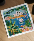 Sydney Opera House art surrounded by vivid greenery and boats, a piece from Matisse Art for Sale.