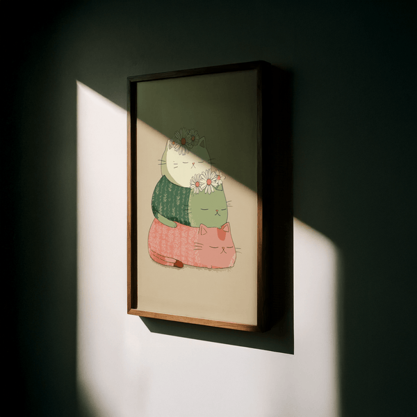 Stampa artistica con grazioso gatto in tenui tonalità rosa e verde per decorare le pareti dell'ufficio domestico