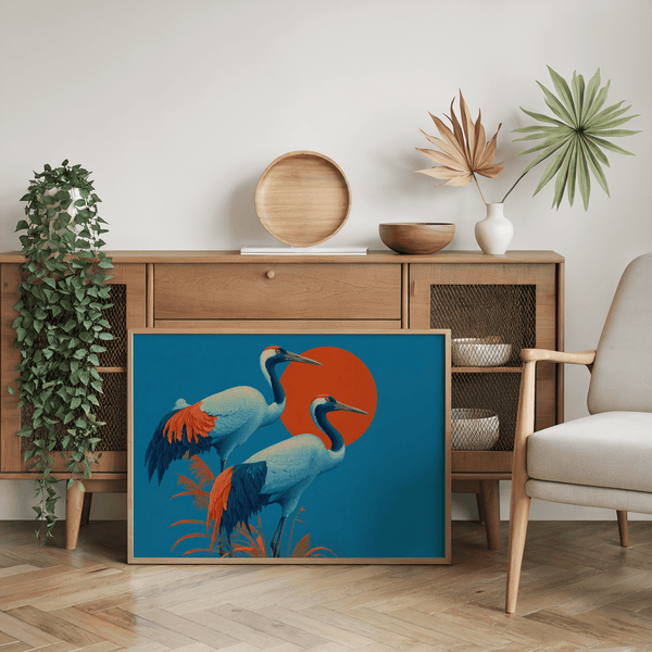 Opere d'arte minimaliste con gru in blu, bianco e arancione per la casa