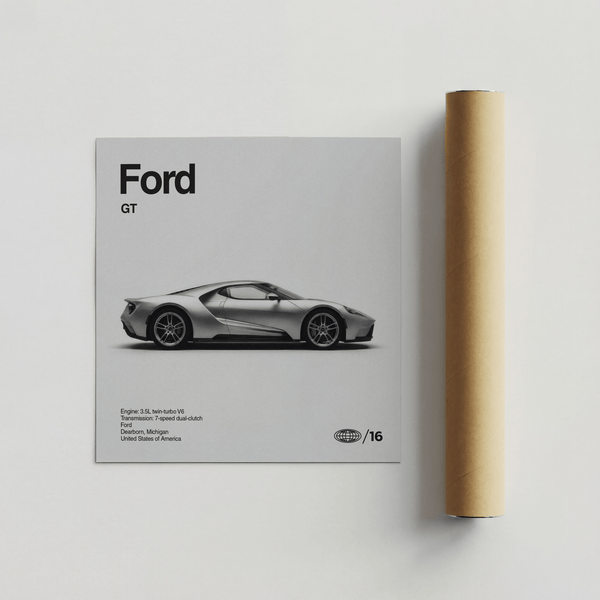 Poster minimalista Ford GT Wall Art per la casa nei colori grigio e bianco