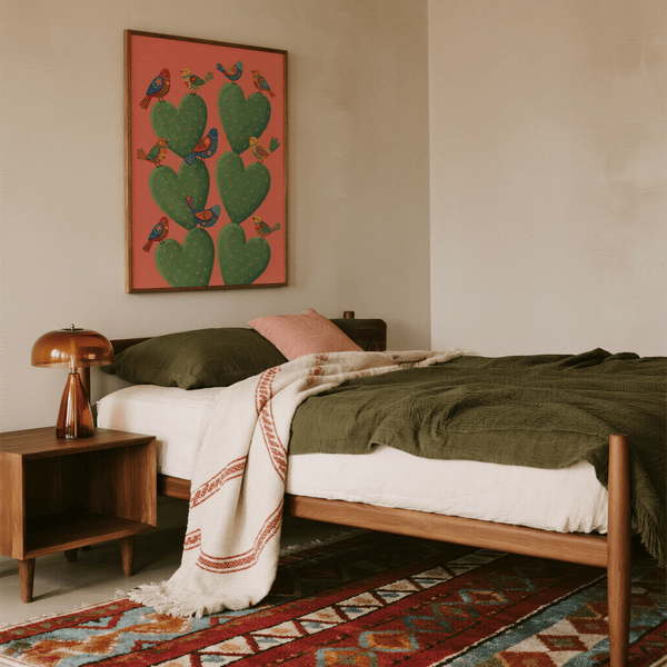 Poster Cactus Heart con cactus verdi e uccellini, perfetto per una camera da letto