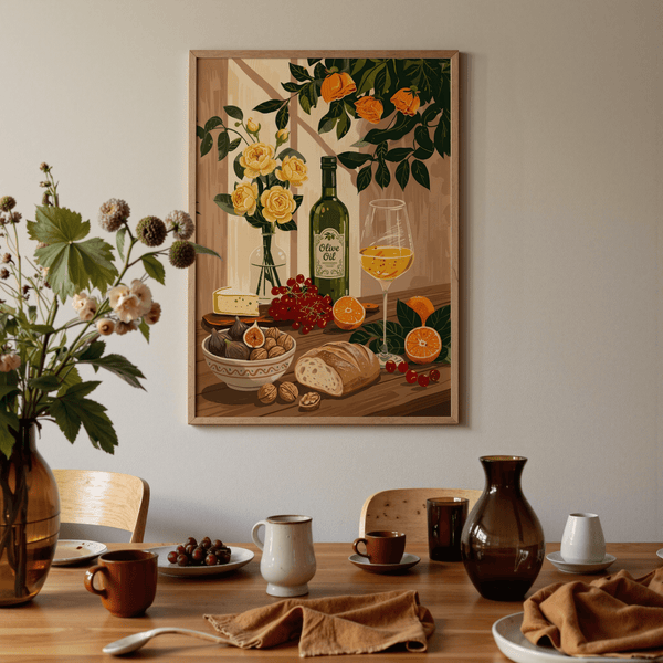 Still Life Kitchen Art showing yellow flowers, orange fruit for kitchen wall art