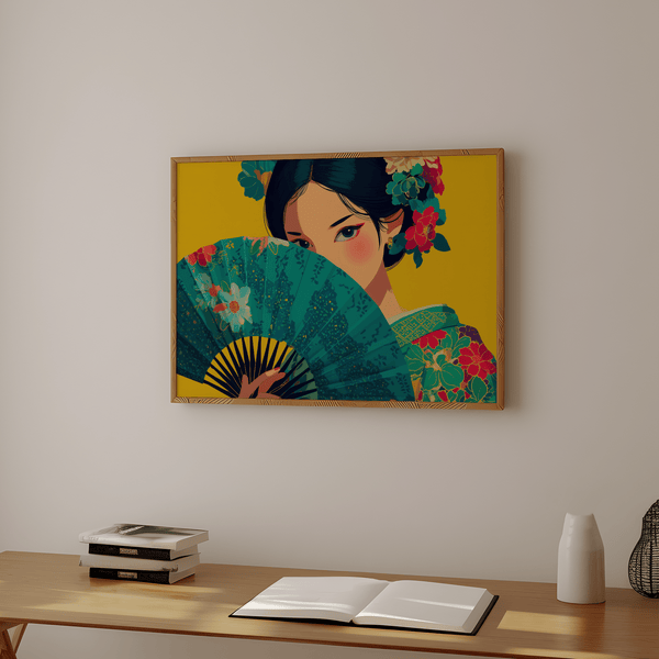 Japanese Geisha Wall Art, yellow backdrop, green accents in study area poster
