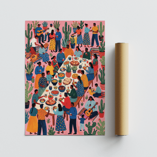 Colorata decorazione murale Fiesta con tema musicale, accenti rosa, decorazione murale per zona pranzo