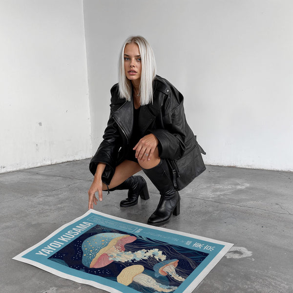 Stampe artistiche uniche con meduse circondate da pois e motivi oceanici.