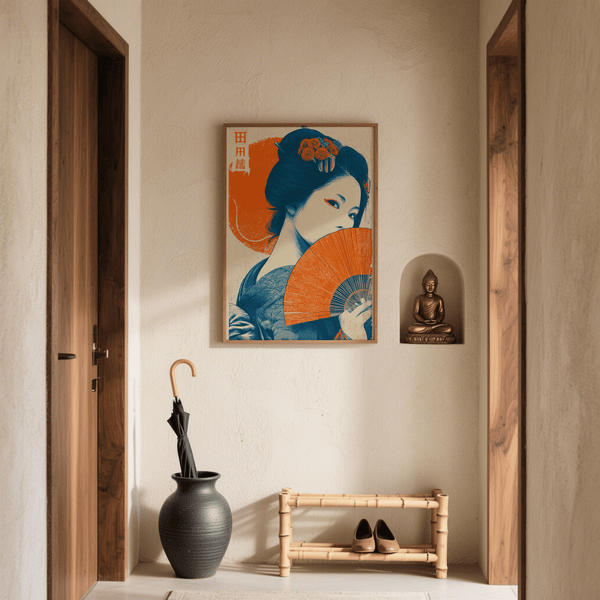 Poster con stampa retrò Geisha in arancione beige per studi creativi