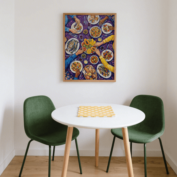 Colorful Dining Poster highlighting Multicolored dishes for kitchen poster