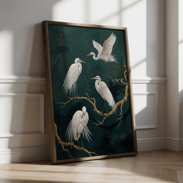 Elegante stampa artistica raffigurante uccelli dai toni blu per un corridoio tranquillo