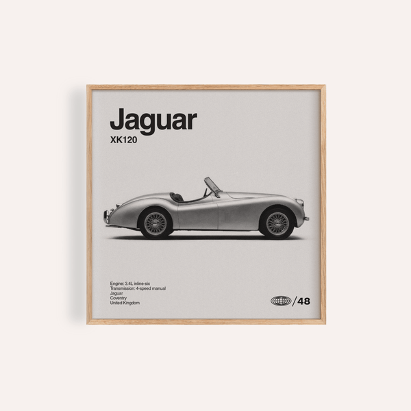 Stampa artistica Jaguar XK120 per soggiorno in grigio, bianco, nero come decorazione da parete