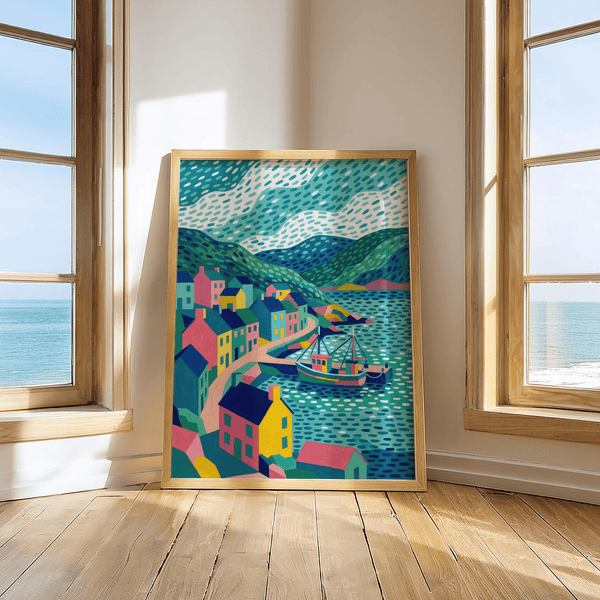 Stampa artistica colorata con tema costiero, pensata per decorare le pareti delle camerette moderne, nei colori blu e verde.