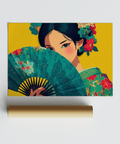 Japanese Geisha Wall Art with vibrant yellow and calming green for entryway print