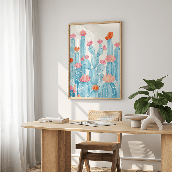 Contemporary Cactus Art Print using pink and blue, great for hallway art