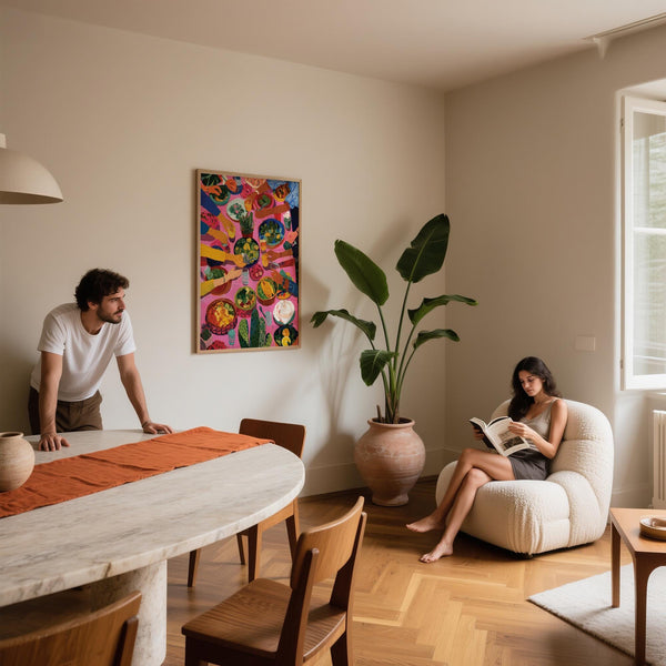 Stampa artistica da parete per sala da pranzo con tavolo da festa messicano dai colori vivaci