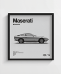 Poster Maserati Khamsin a tema automobilistico con colori grigi per la stampa della sala studio