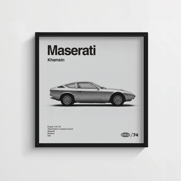 Poster Maserati Khamsin a tema automobilistico con colori grigi per la stampa della sala studio