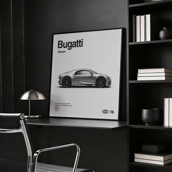Stampa artistica Bugatti Chiron grigia e nera per l'arredamento della camera da letto