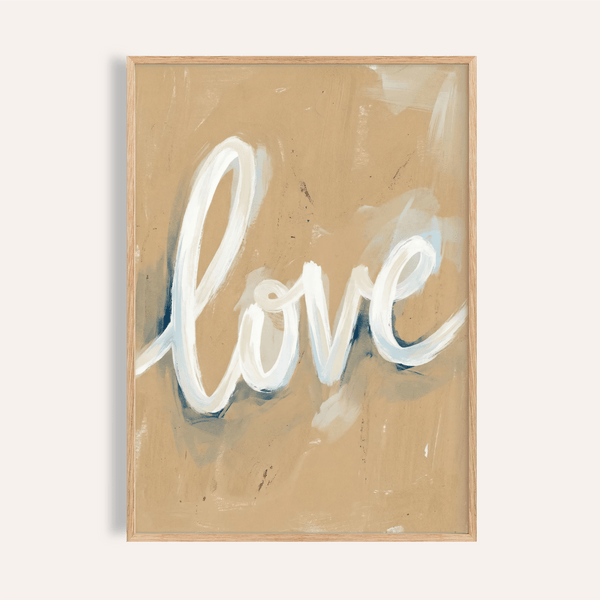 Stampa Love Wall Art con blu e bianco su beige per l'arredamento della camera da letto