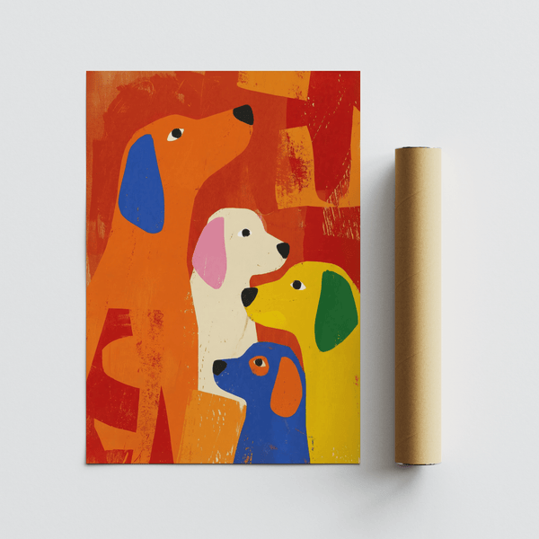 Stampa colorata con cane, ideale per decorare la stanza dei giochi, in una palette multicolore