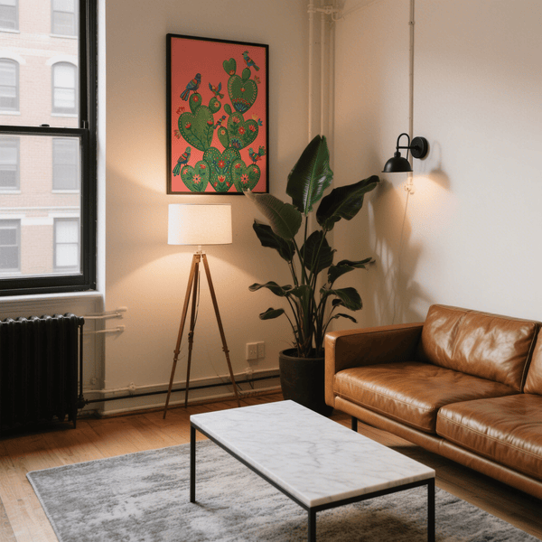 Poster artistico colorato con cactus rosa e verde per la cameretta dei bambini