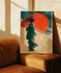 Geisha giapponese Pop Art con palette blu e rossa in uno spazio abitativo minimalista come stampa