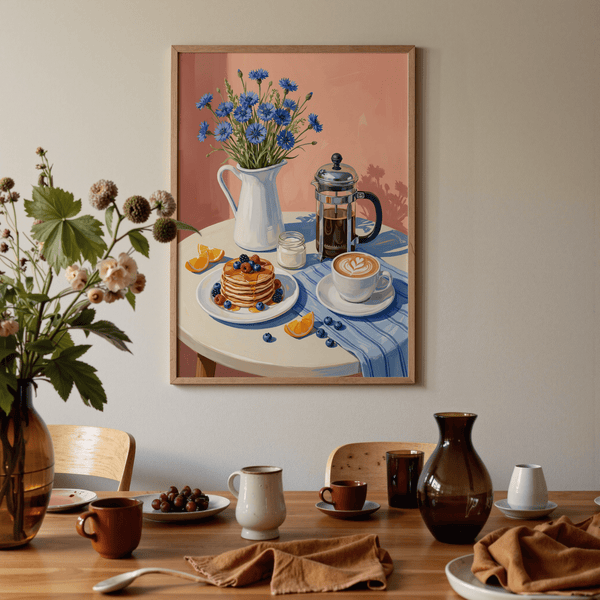 Breakfast Art Print, pancakes and berries with blue and white accents, breakfast room decor