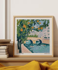 Wall Art di Parigi con Pont Neuf e alberi di arancio in una pittoresca scena lungo il fiume.