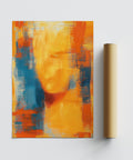 Blue and orange abstract art featuring layered textures and warm vibrant light.