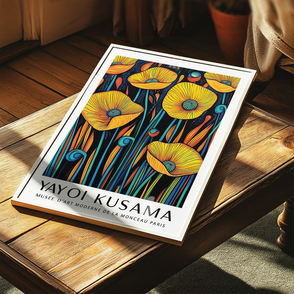 Poppies Wall Art con vivaci fiori gialli e arancioni su sfondo nero.