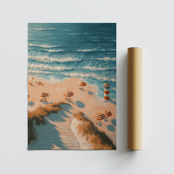 Stampa Beach Lighthouse con colori marrone e oro, perfetta come decorazione da parete per l'ufficio