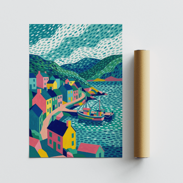 Stampa artistica colorata con accenti rosa per decorare le pareti della sala da pranzo in stile costiero.