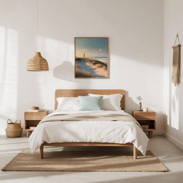 Faro rosso e bianco circondato da erba di spiaggia in una serena stampa artistica da parete raffigurante un faro.