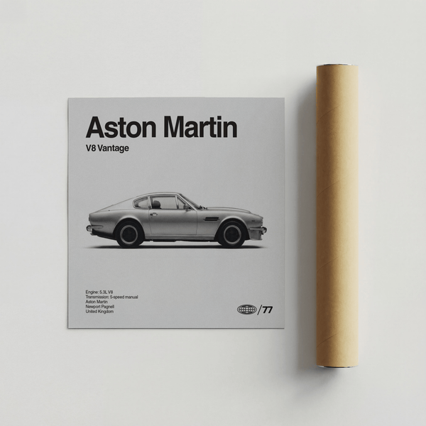 Poster classico Aston Martin, design in bianco e nero per la parete dell'ingresso