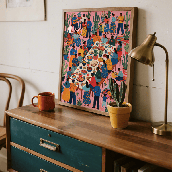 Colorata decorazione da parete Fiesta, tavola imbandita multicolore, perfetta come stampa artistica per l'ingresso