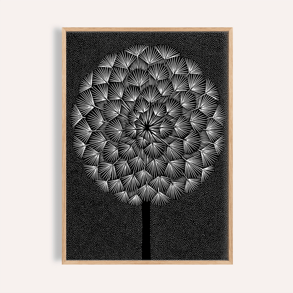 Stampa da parete Dandelion in bianco e nero per decorare le pareti del soggiorno