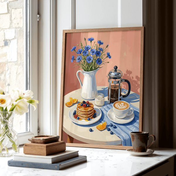 Breakfast Art Print with coffee and bright multicolored elements for breakfast nook